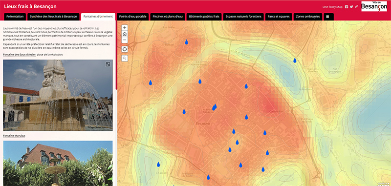 capture d'écran de la carte des lieux frais et points d'eau de Besançon