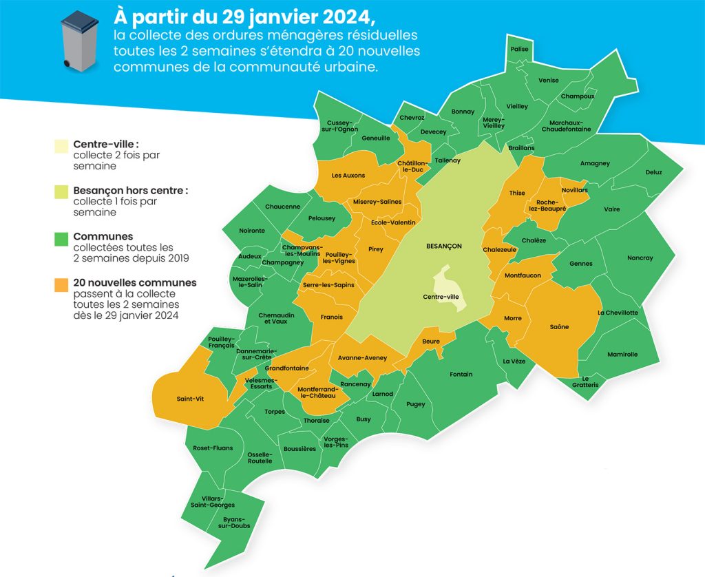 Carte du nouveau rythme de collectes des déchets dans le Grand Besançon à partir de 2024
